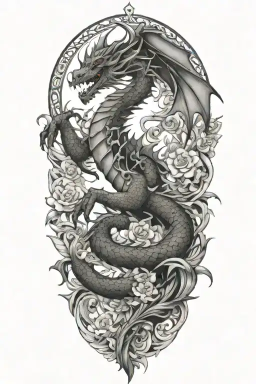 dragon ascending; fractal; flower; false idol tattoo design idea