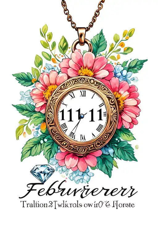 locket with 11:11, surrounded with February birth flowers, a diamond and the name tattoo design idea
