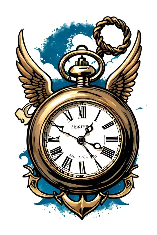 pocket watch with wings and a anchor tattoo design idea
