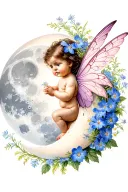 waxing gibbous moon with a cherub baby fairy and aster and morning glory flowers tattoo design idea