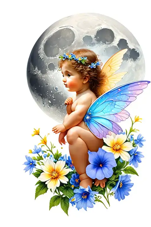 waxing gibbous moon with a cherub baby fairy and aster and morning glory flowers tattoo design idea