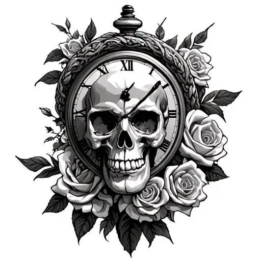 Greek god with skull and roses and a time piece tattoo design idea