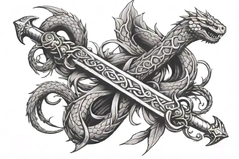 A thorny sword with a snake wrapping around it. A dark and dangerous vibe around the tattoo tattoo design idea