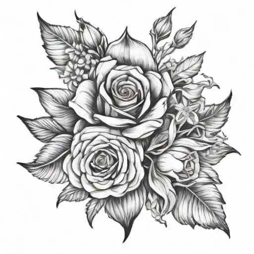 rose , daisy and gladiolus flower intertwined tattoo design idea