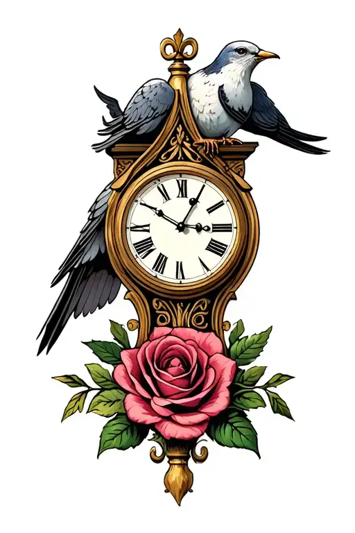 dove perched on fancy medieval clock with a single rose at the bottom  tattoo design idea