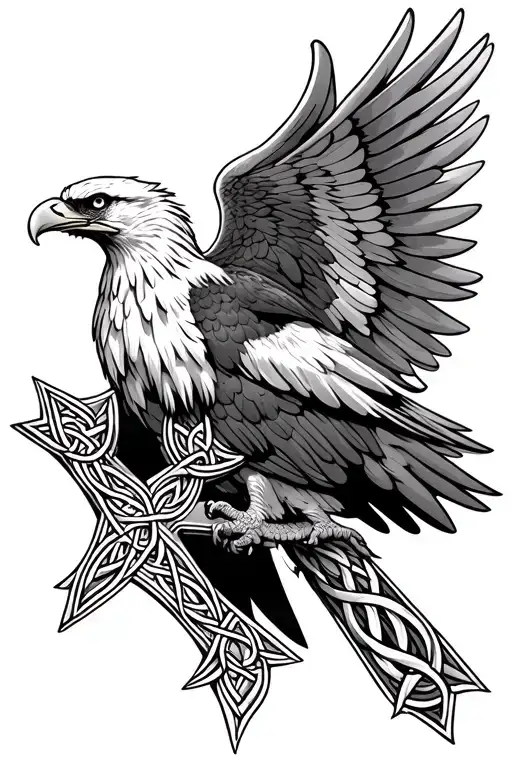 eagle behind wings hugging a Celtic cross tattoo design idea