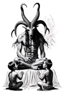 Baphomet sitting with two children looking up to him tattoo design idea
