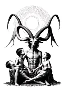 Baphomet sitting with two children looking up to him tattoo design idea
