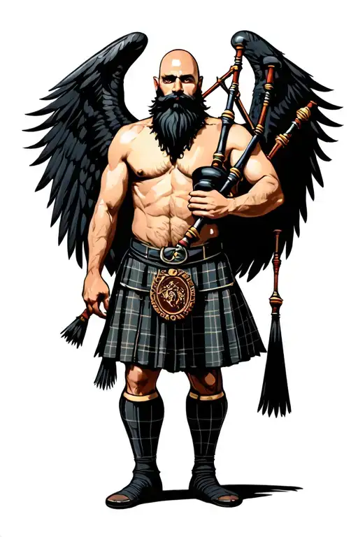no legs, shirtless muscular bagpiper bald black beard playing bagpipes huge black wings black background tattoo design idea