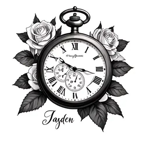 "Jayden" name with rose pocket watch tattoo design idea