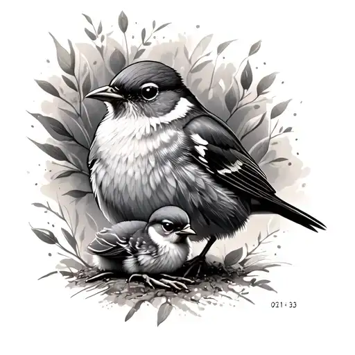 "02-11-45 13-08-23" Mother robin bird with chick wrapped tattoo design idea