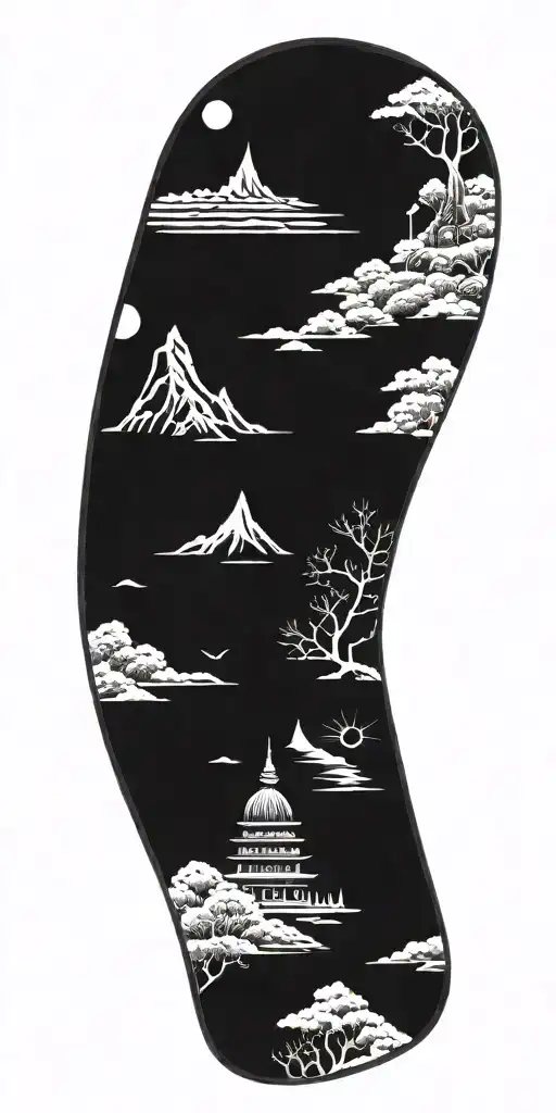 create a buddhist inspired tattoo that focuses on scenary and nature and includes subtle budhist elements tattoo design idea