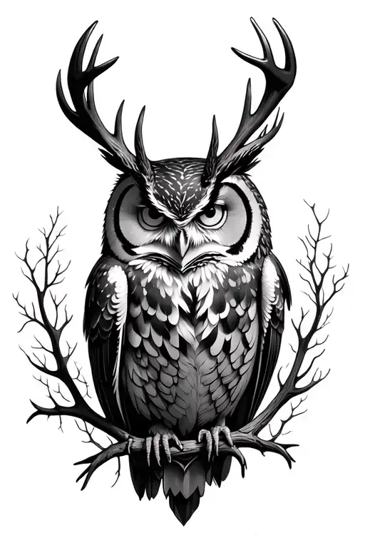 owl, raven, stag surrounded tattoo design idea