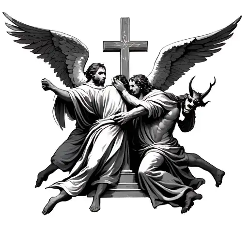 robed angels and horned demons fighting in a catholic church tattoo design idea