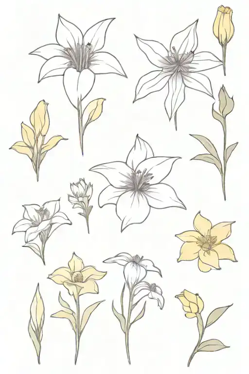 violet, iris, daffodil, jonquil, aster, morning glory, chrysanthemum flowers tattoo design idea