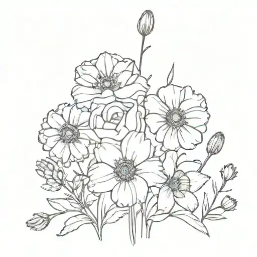 bouquet of birth flowers (carnation, daffodil, poppy, aster, cosmos)  tattoo design idea