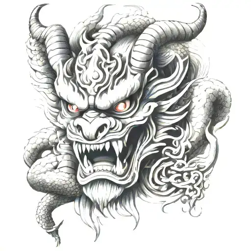 a Japanese dragon protecting a Japanese demon mask tattoo design idea