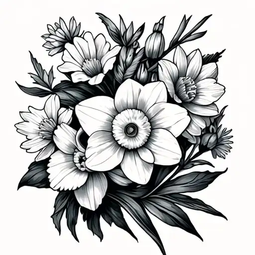daffodil, larkspur, and aster flower tattoo design idea