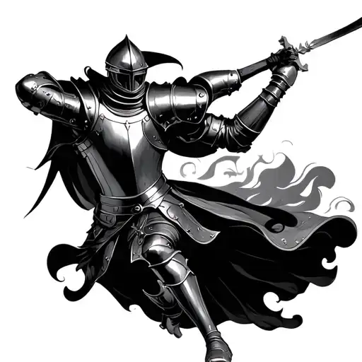 A bold English knight in mid-swing, captured in dynamic motion, wearing detailed 15th-century plate armor with a flowing tattoo design idea