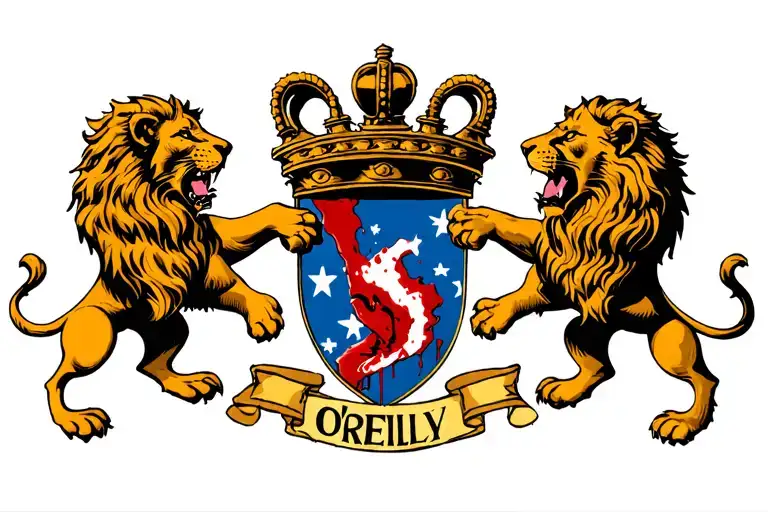 O'Reilly crest, with out the name, with two lions facing eachother with a severed bloody hand between them tattoo design idea