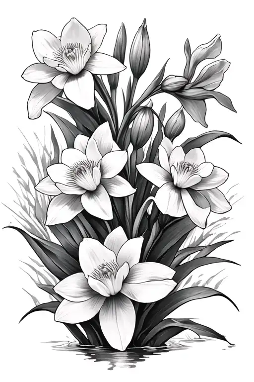 Narcissuses, water lillies, and irises tattoo design idea