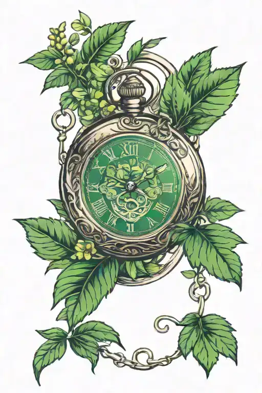 pocket watch with greenery  tattoo design idea