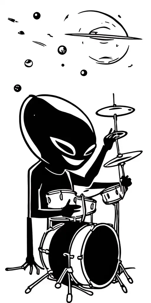 cartoon alien smiling and playing drum set, lasers, planets, ufo, colorful tattoo design idea