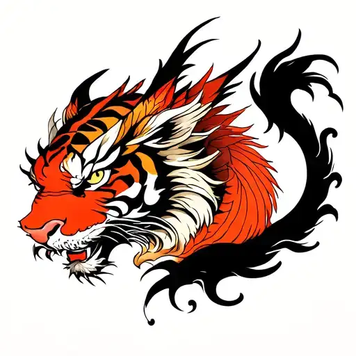 Create a single tattoo with the face of each of these spirits: Dragon, Phoenix, Tiger, Oni, Samurai and Wave tattoo design idea