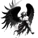 Divine fall – from heaven to hell•	A detailed, muscular angel falling downward, wings open but tattered.	•	One wing  tattoo design idea