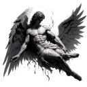 Divine fall – from heaven to hell•	A detailed, muscular angel falling downward, wings open but tattered.	•	One wing  tattoo design idea