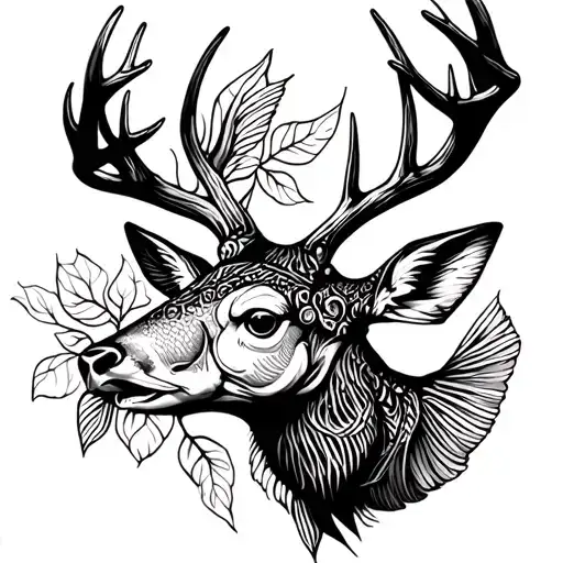 deer antlers, fish, tribal tattoo design idea