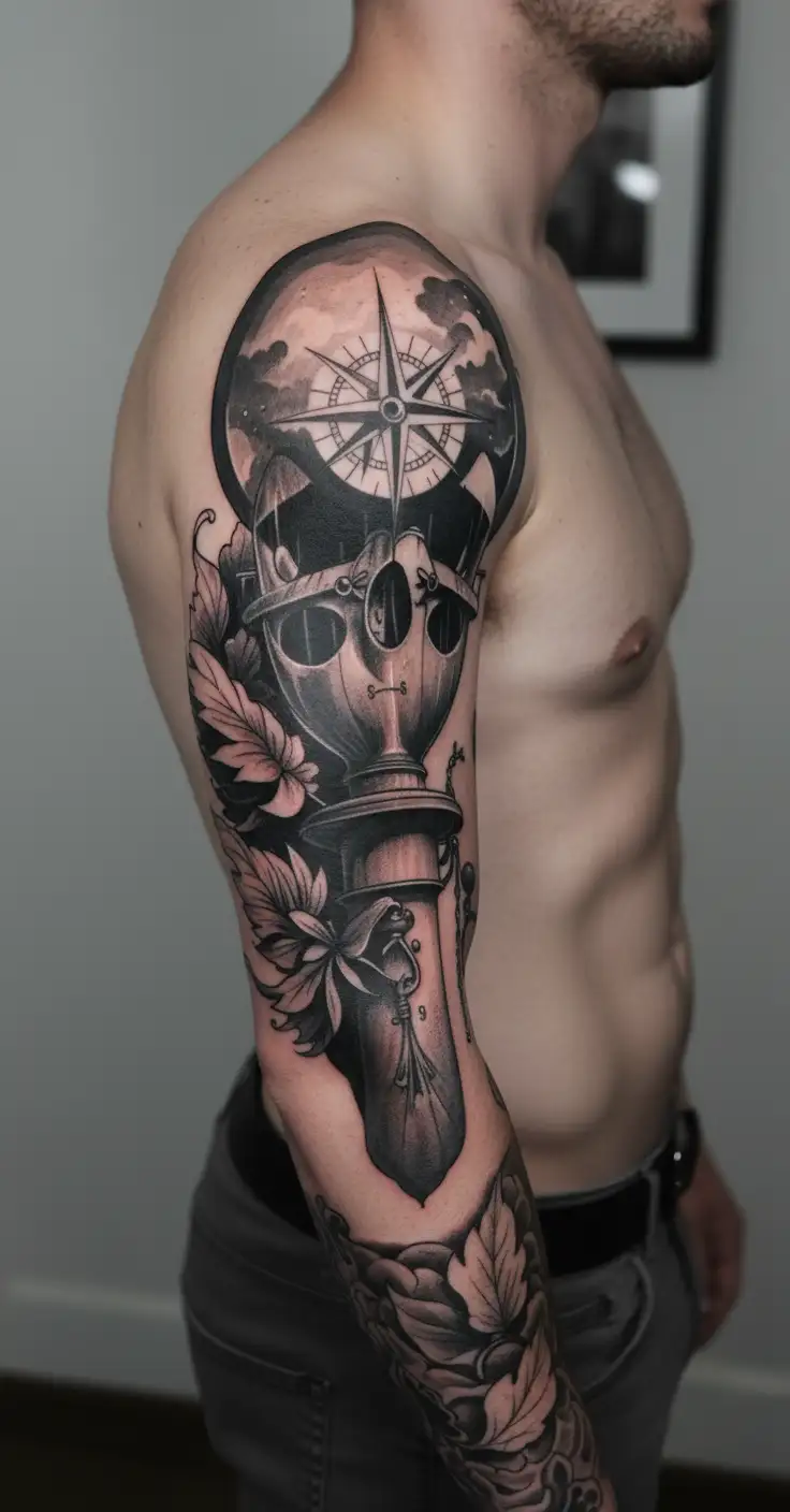 hour glass, lighthouse, compass tattoo design idea