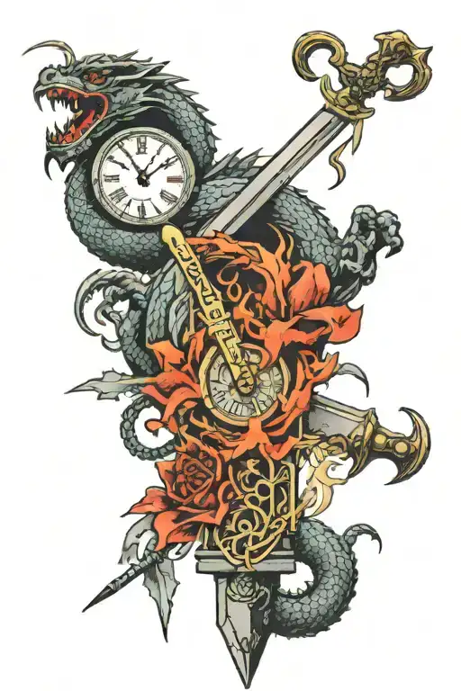 sword and chinese symbols going through a dragon wrapping around arm going into a broken clock with roman numerals and a tattoo design idea