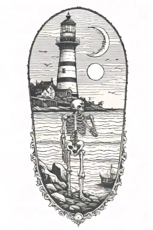 skeleton on the beach drinking a beer under a lighthouse looking at the crescent moon tattoo design idea