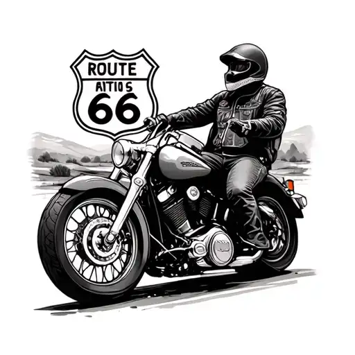 Biker in Harley Davidson and Route 66 landscape tattoo design idea