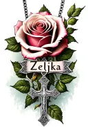 "Zeljka" name in the middle + rose + Christian cross necklace tattoo design idea