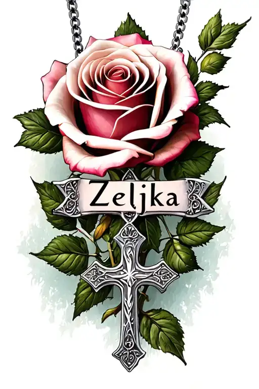 "Zeljka" name in the middle + rose + Christian cross necklace tattoo design idea