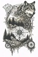 dense pineforest landscape wolf compass surrounded tattoo design idea