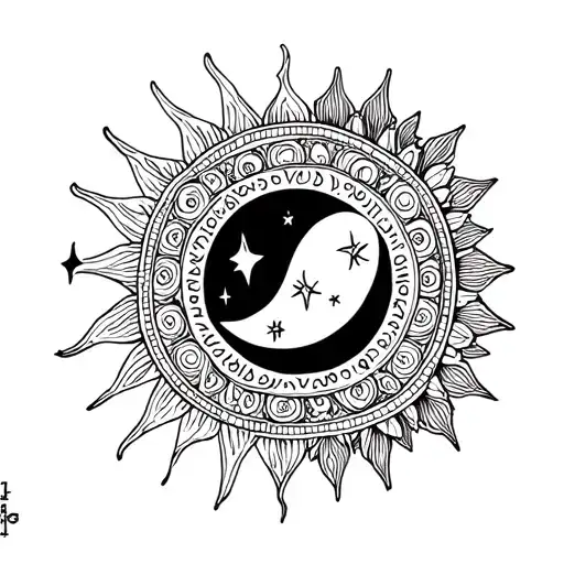 Full arm sleeve tattoo design in minimal fine line style, featuring small suns, moons, stars, delicate mandala elements, tattoo design idea