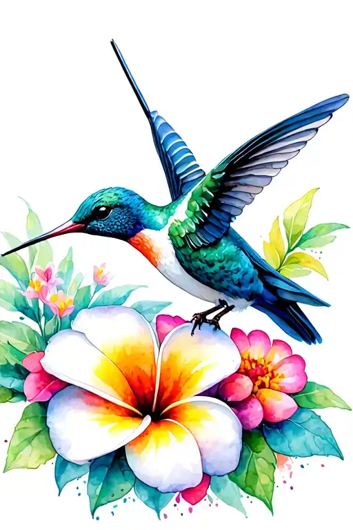 2 Blue hummingbird with plumeria and zinnia flowers tattoo design idea