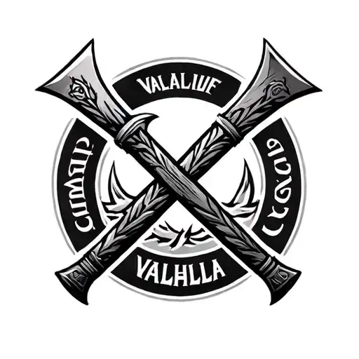 Valhalla symbol, Nordic axes crossing over eachother and the words until Valhalla  tattoo design idea