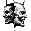 Two faces merged together, both smiling and have demonic faces. 4k, gothic art, gustav dore style tattoo design idea