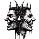 Two faces merged together, both smiling and have demonic faces. 4k, gothic art, gustav dore style tattoo design idea