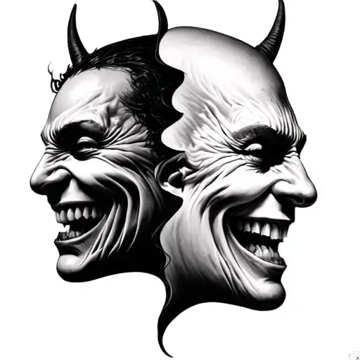 Two faces merged together, both smiling and have demonic faces. 4k, gothic art, gustav dore style tattoo design idea