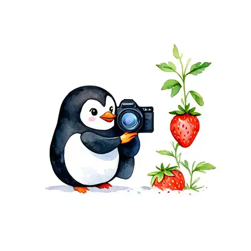 a cute penguin taking pictures of a strawberry plant tattoo design idea