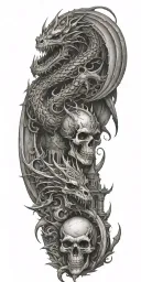 fantasy dragon and castle, sword and crown,  skull tattoo design idea