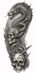 fantasy dragon and castle, sword and crown,  skull tattoo design idea