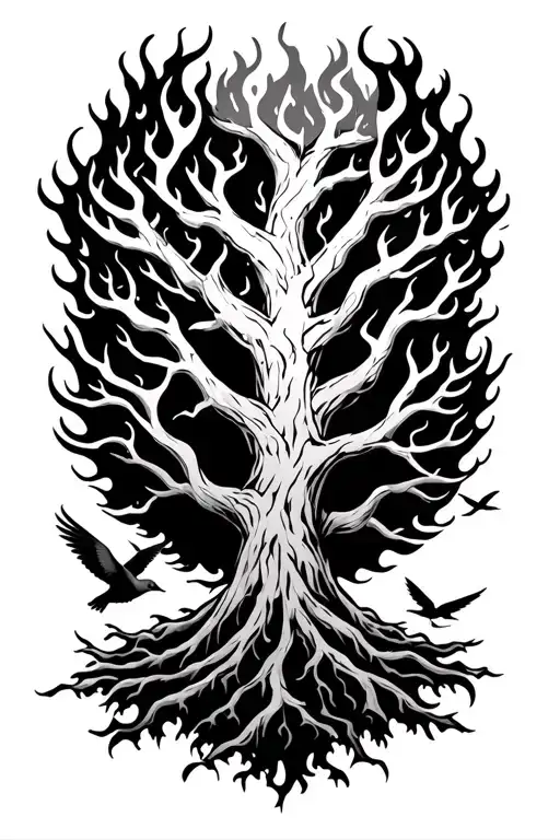 Poision Tree On Fire With Birds flying tattoo design idea
