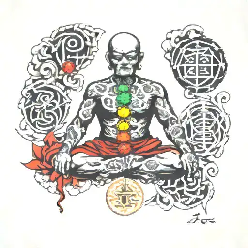 Japanese kaizen enclosed in 7 chakras tattoo design idea