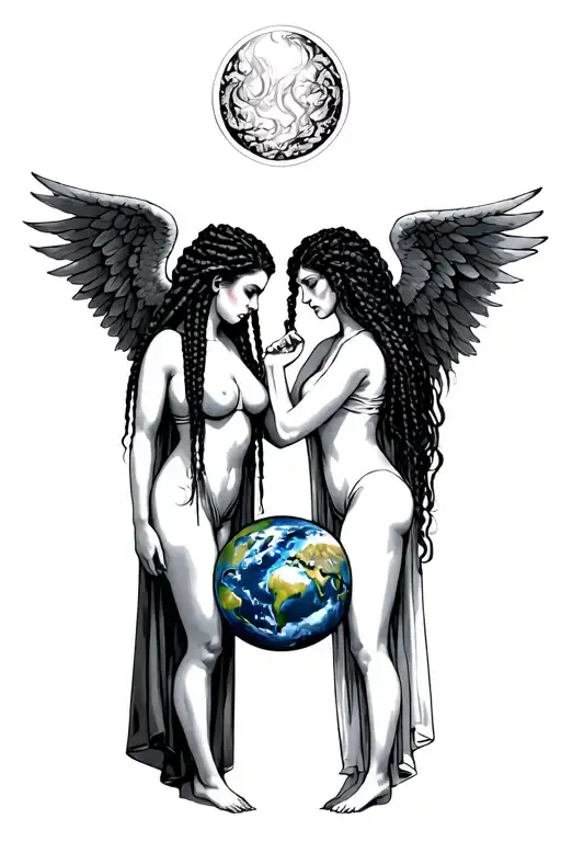 Two women with dark braids, one with angel wings, the other with demon wings holding the earth between them tattoo design idea